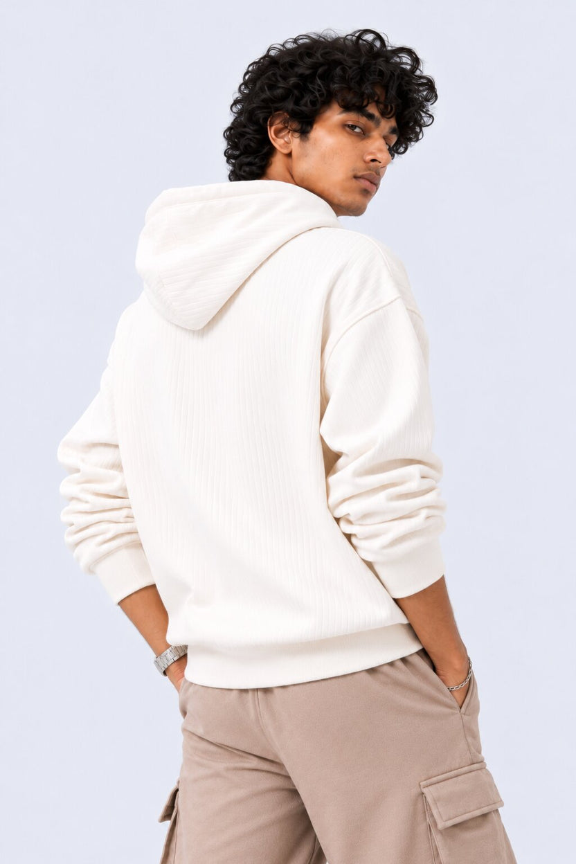 Mens White Ribbed Texture Hooded Sweatshirt - Image 5