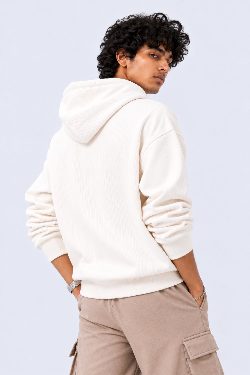 Mens White Ribbed Texture Hooded Sweatshirt - Image 5