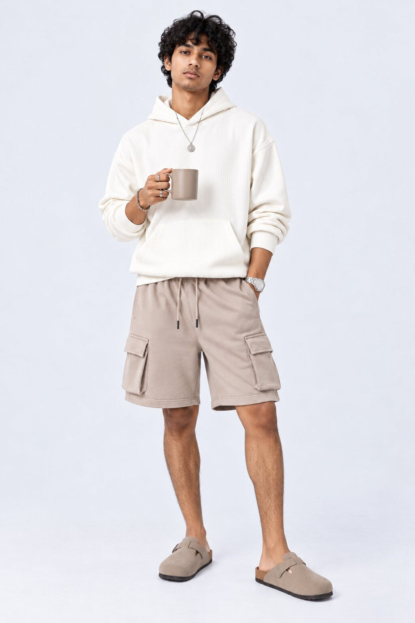 Mens White Ribbed Texture Hooded Sweatshirt - Image 6