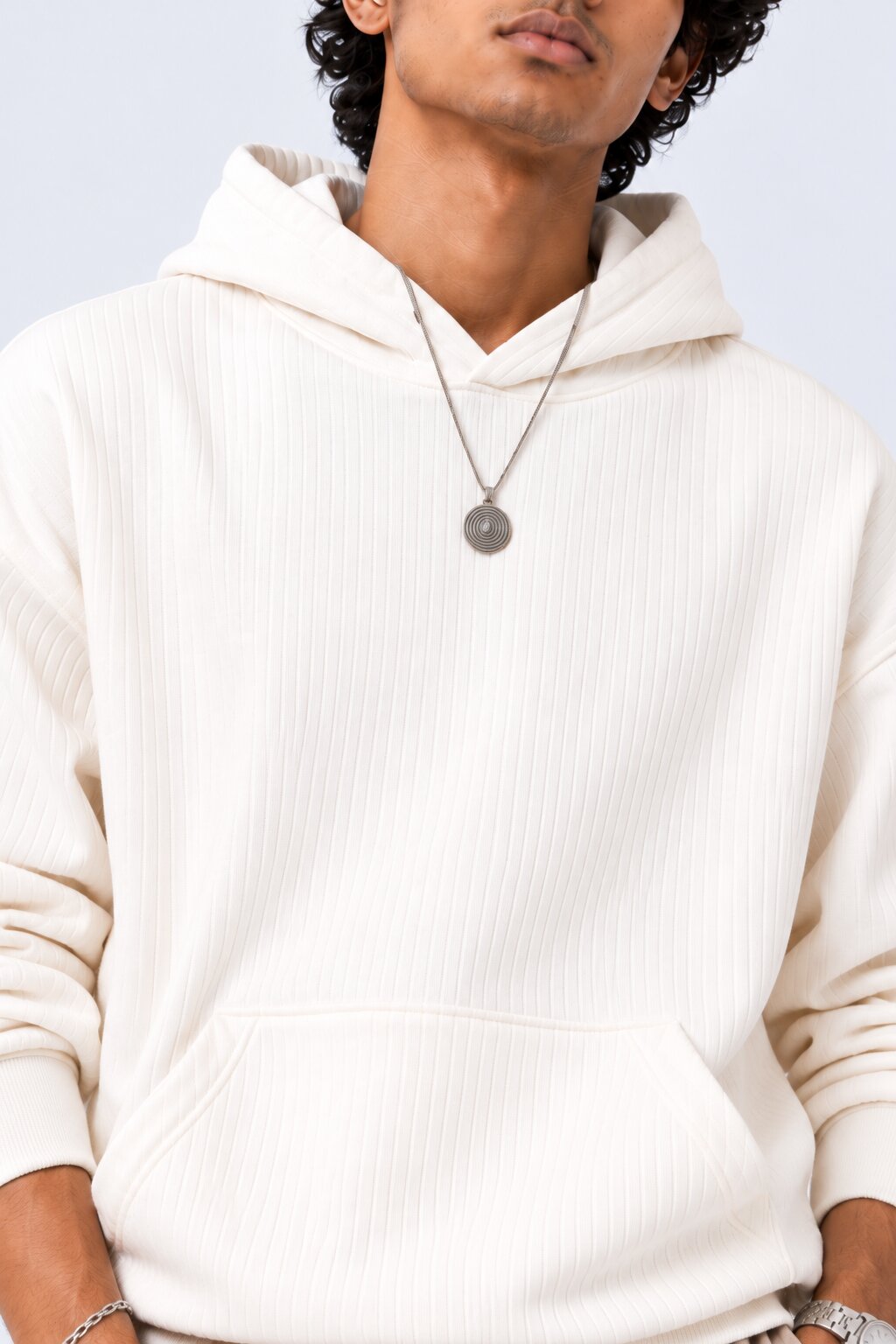 Mens White Ribbed Texture Hooded Sweatshirt - Image 9