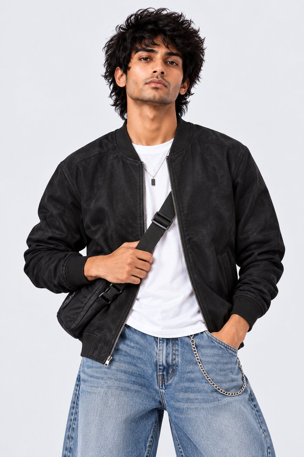 Mens Black Polyester Bomber Jacket - Image 1