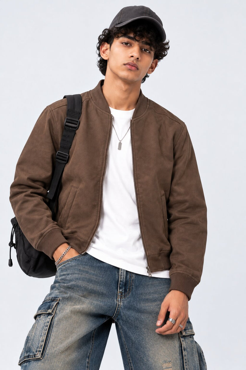 Mens Brown Polyester Bomber Jacket - Image 1