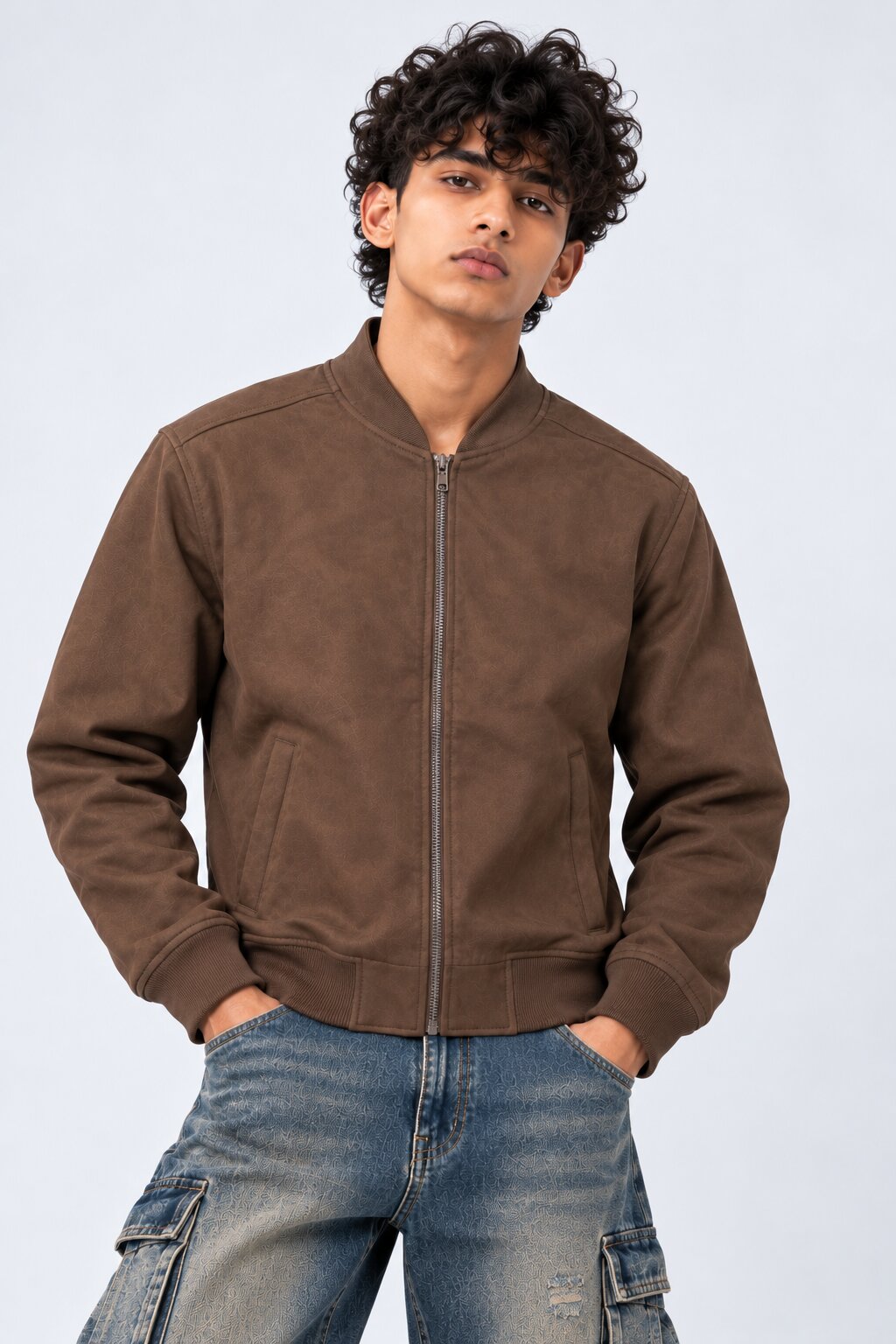 Mens Brown Polyester Bomber Jacket - Image 2