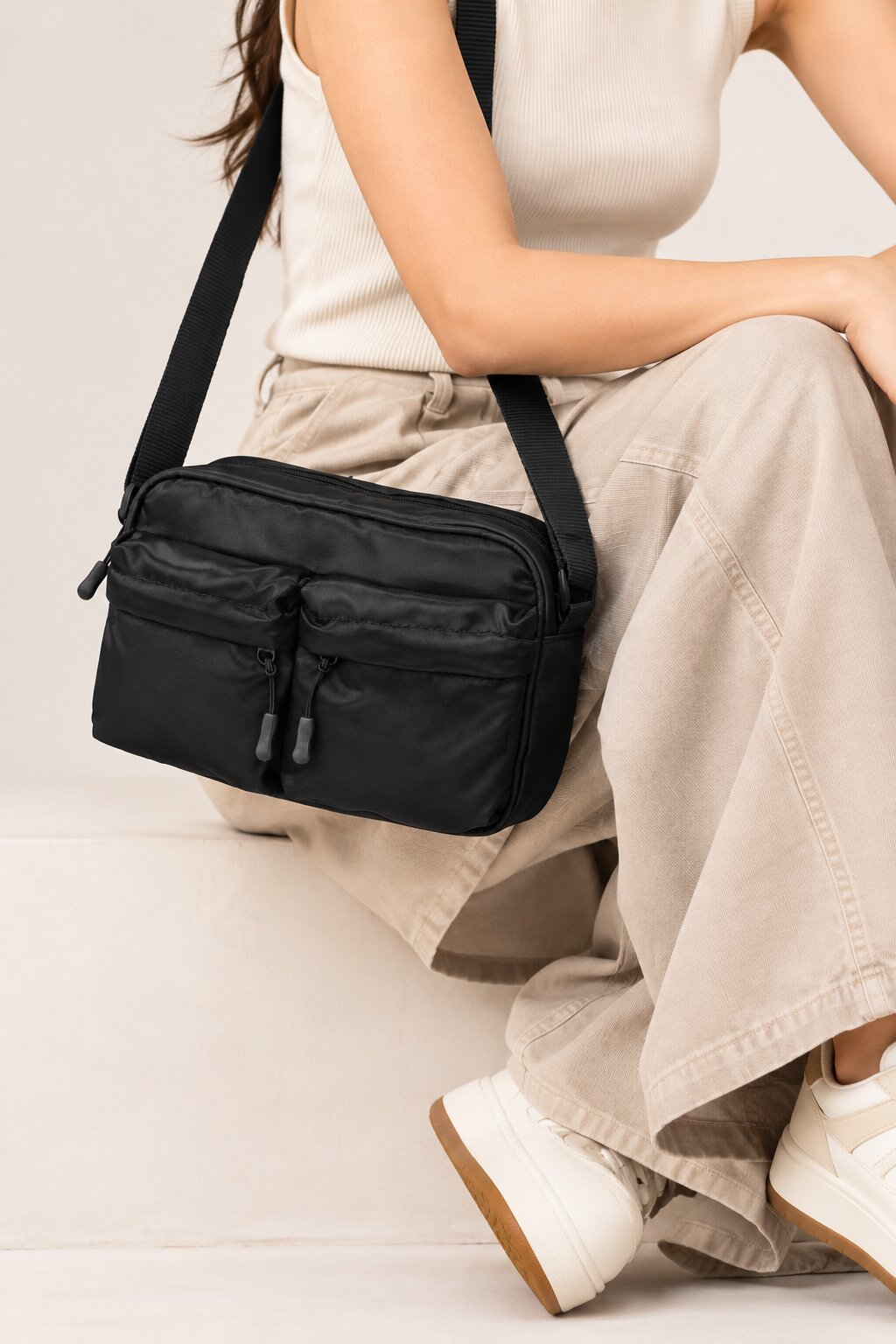 Womens Black Pocket Crossbody Bag - Image 1