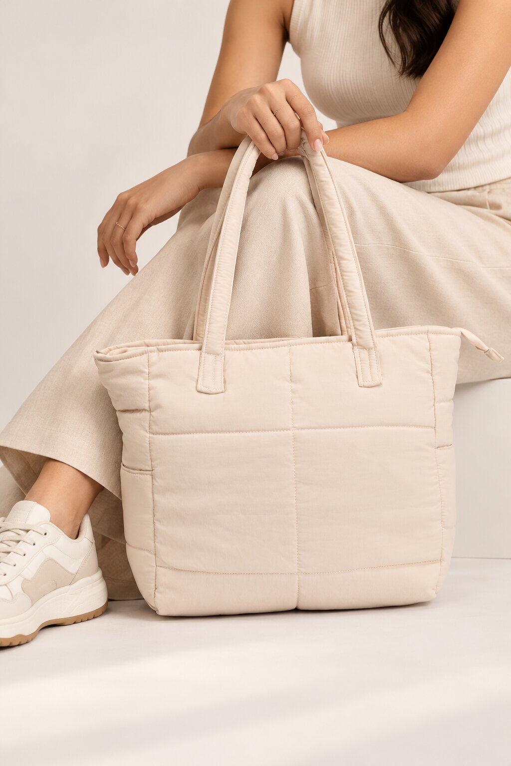 Womens Beige Quilted Puffer Tote Bag - Image 1