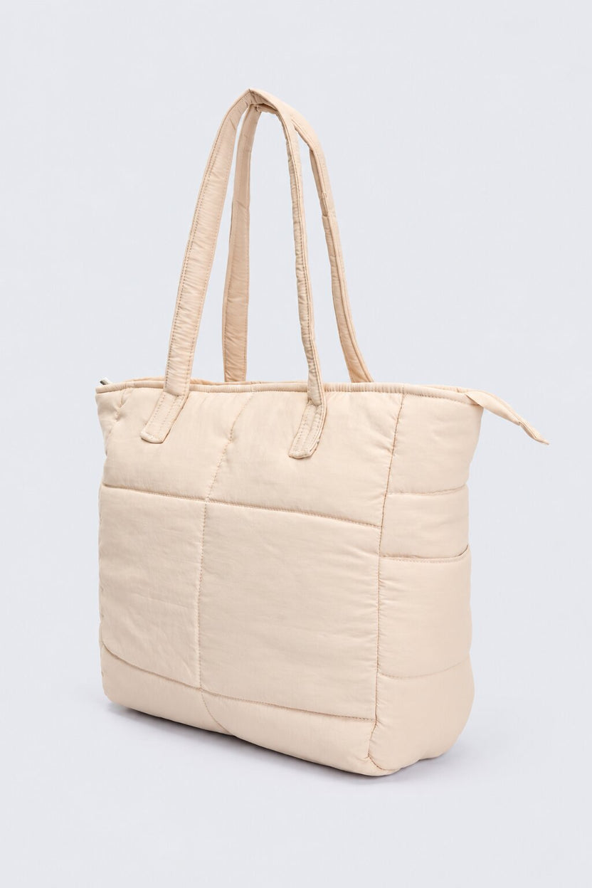 Womens Beige Quilted Puffer Tote Bag - Image 3