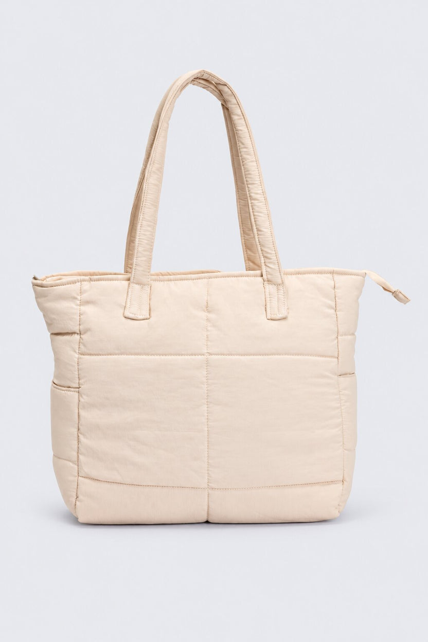 Womens Beige Quilted Puffer Tote Bag - Image 6
