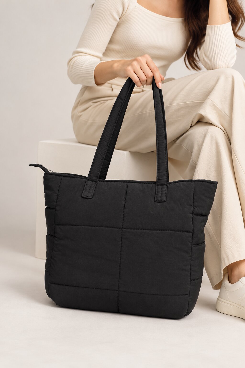 Womens Black Quilted Puffer Tote Bag - Image 1