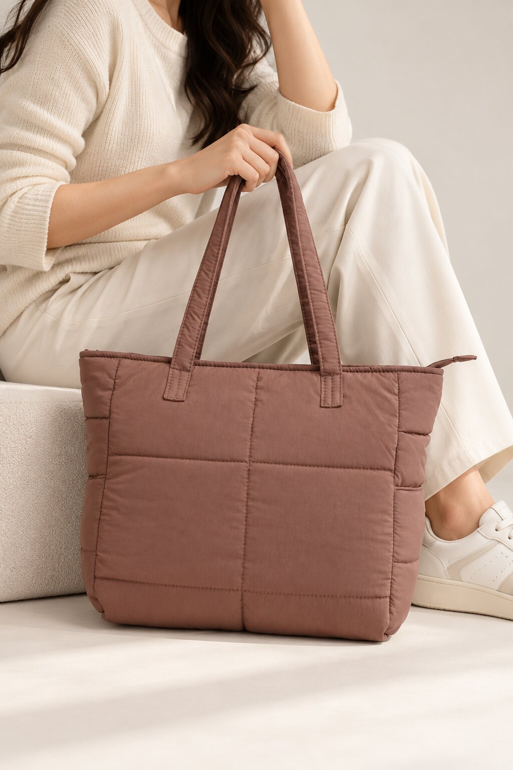 Womens Brown Quilted Puffer Tote Bag - Image 1