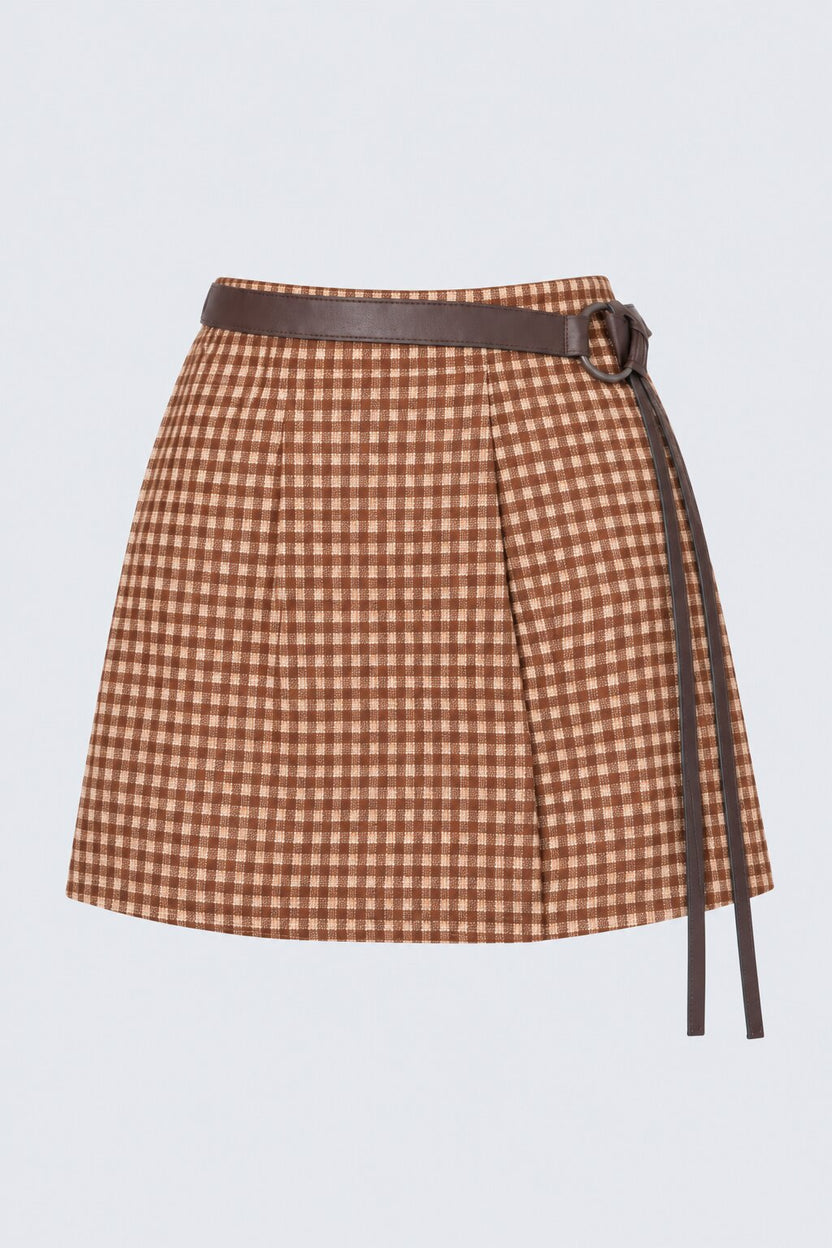 Womens Brown Checked Belted Mini Skirt - Image 7