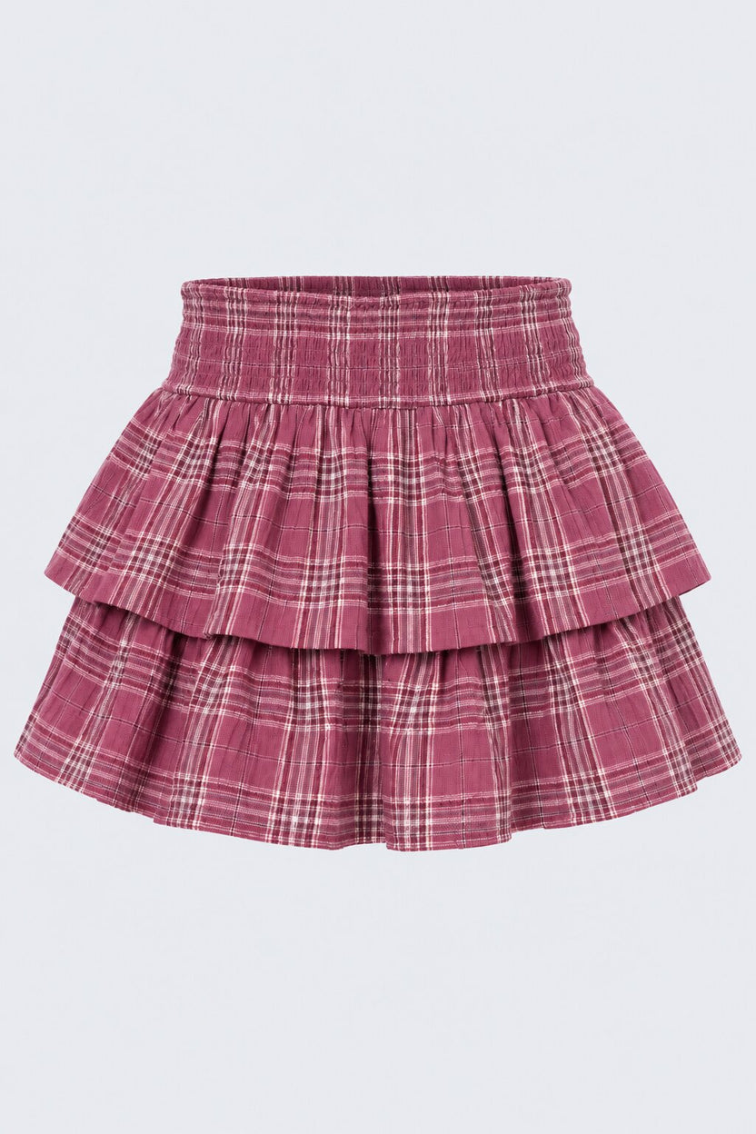 Womens Pink Checked Tiered Mini Skirt - Image 7