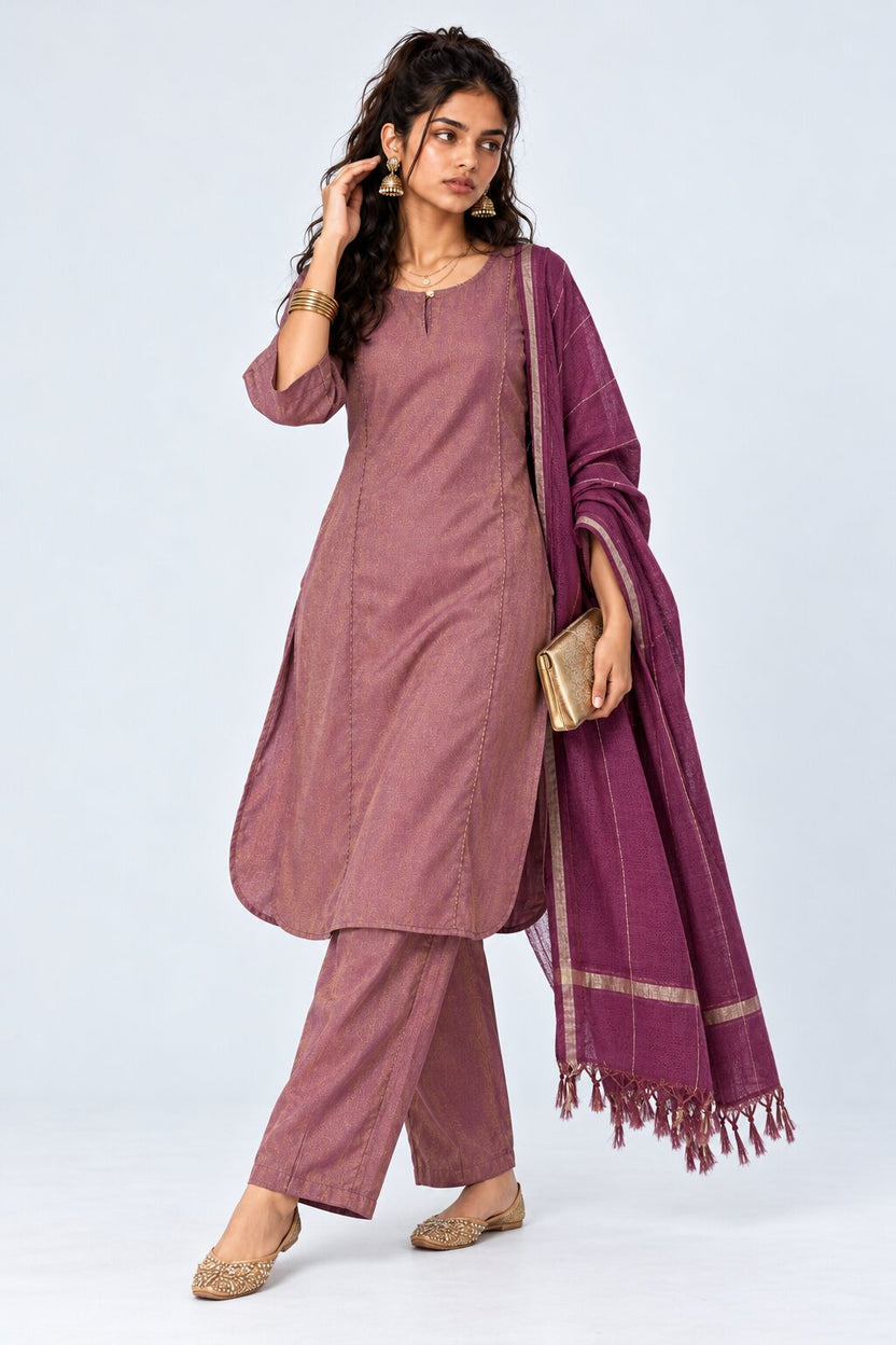 Womens Pink Textured Kurta Palazzo Set - Image 1