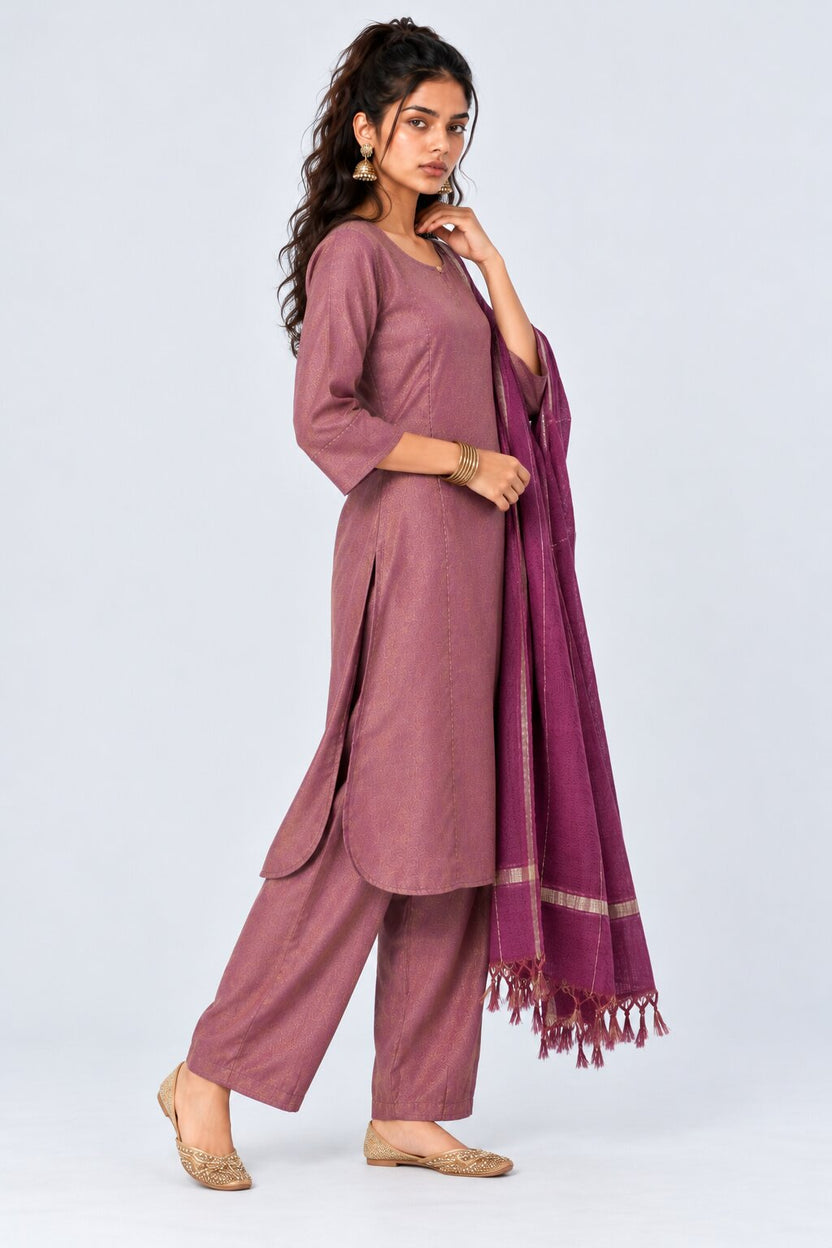 Womens Pink Textured Kurta Palazzo Set - Image 4