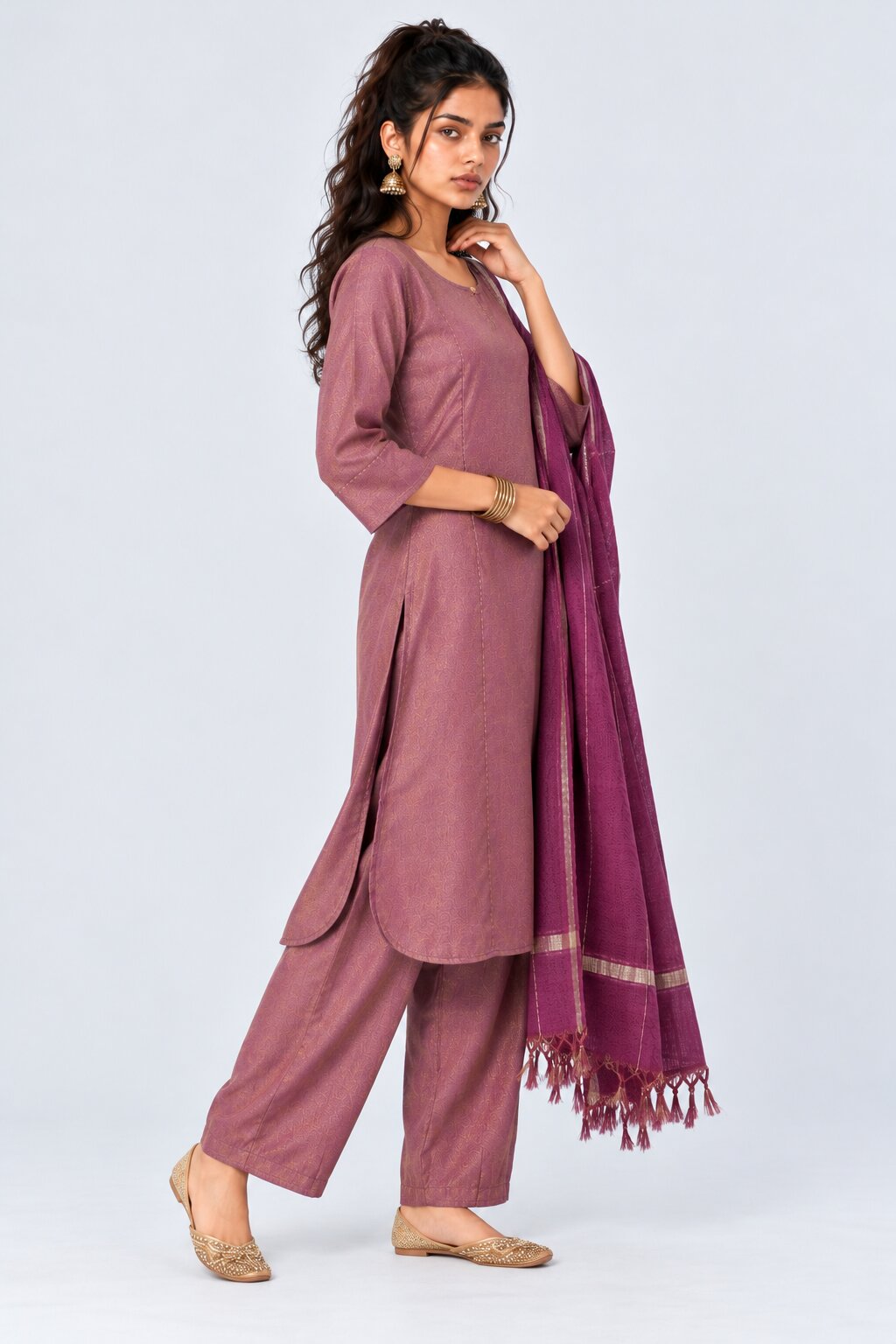 Womens Pink Textured Kurta Palazzo Set - Image 4