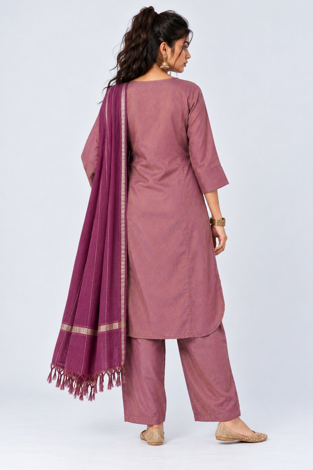 Womens Pink Textured Kurta Palazzo Set - Image 5