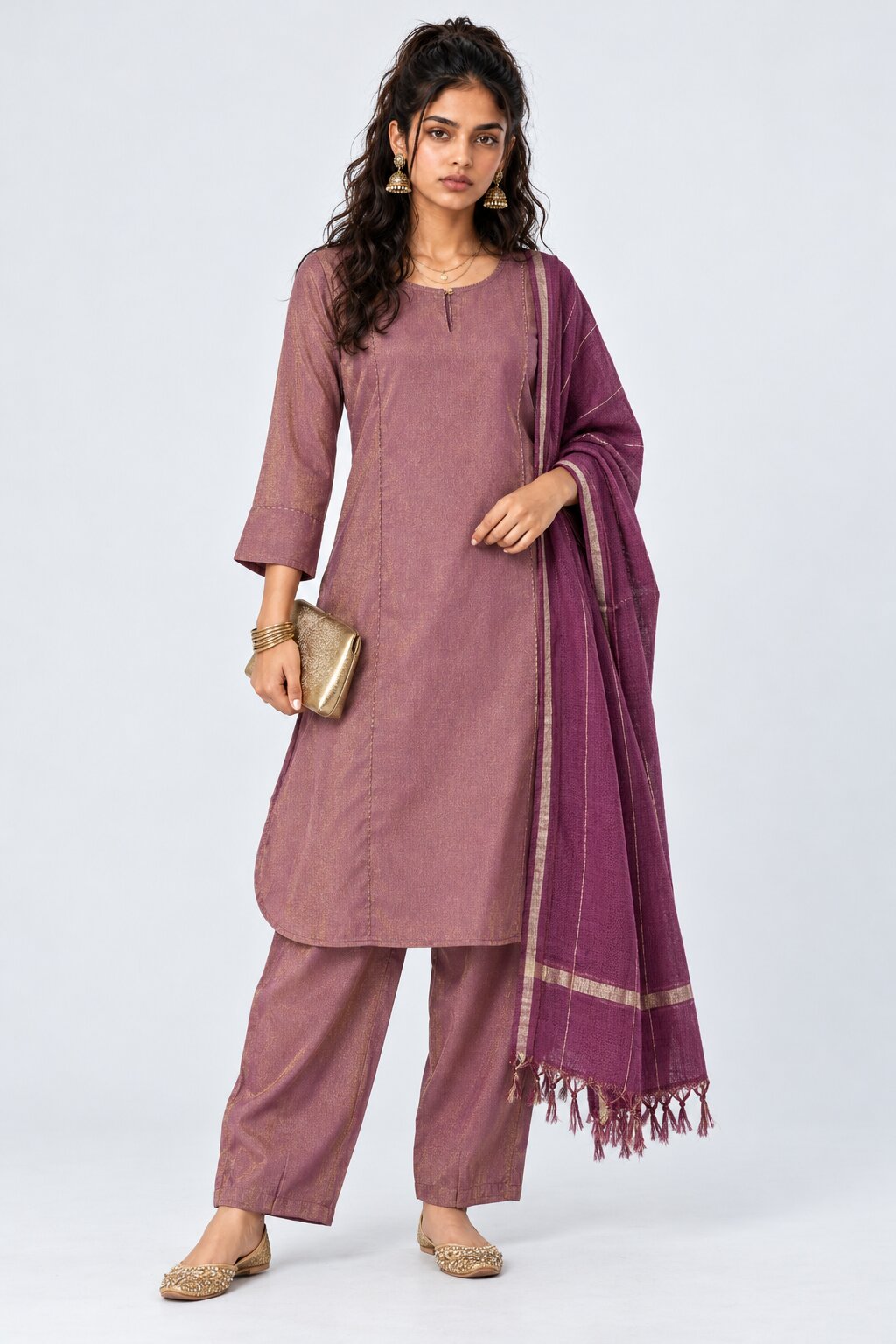 Womens Pink Textured Kurta Palazzo Set - Image 6