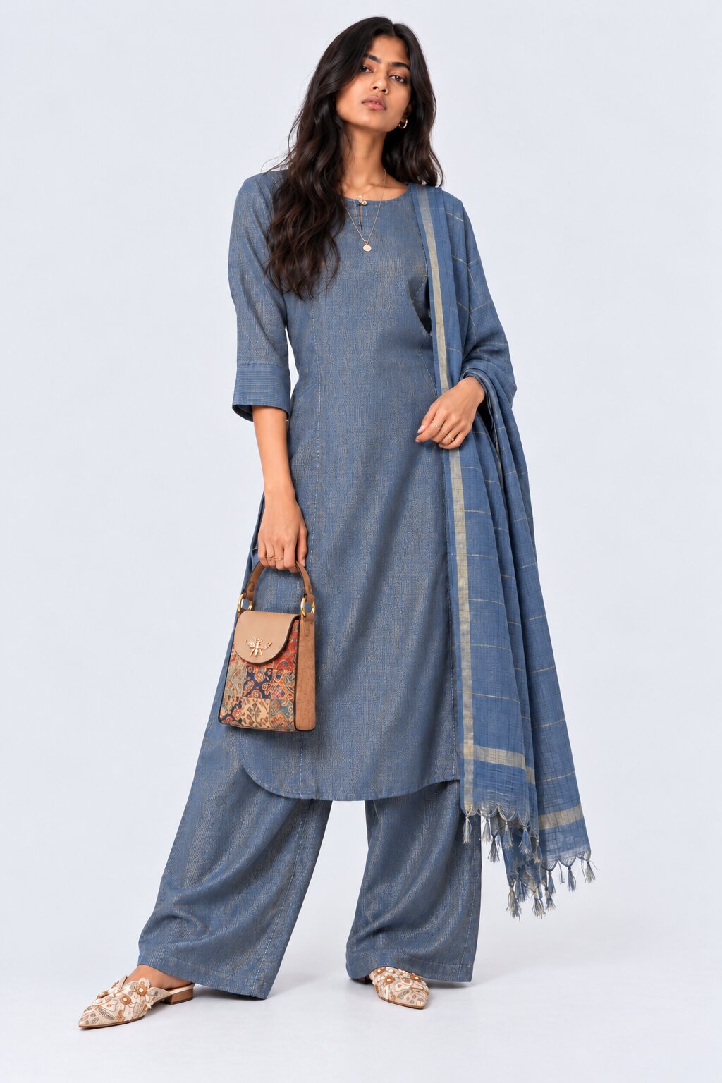 Womens Blue Textured Kurta Palazzo Set - Image 1
