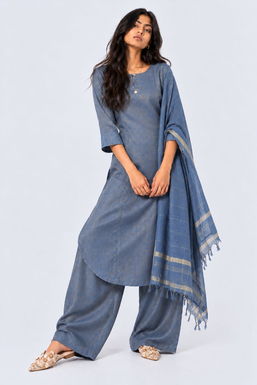 Womens Blue Textured Kurta Palazzo Set - Image 2