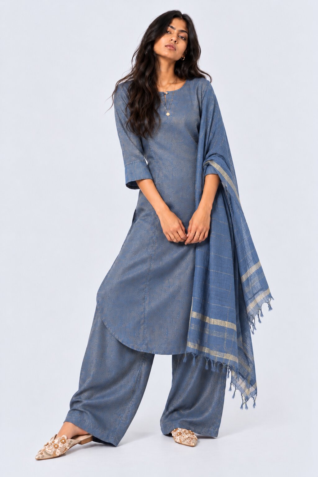 Womens Blue Textured Kurta Palazzo Set - Image 2