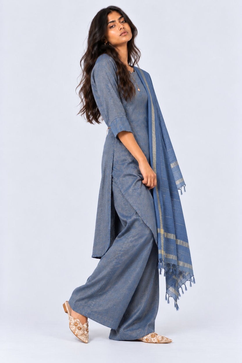 Womens Blue Textured Kurta Palazzo Set - Image 5