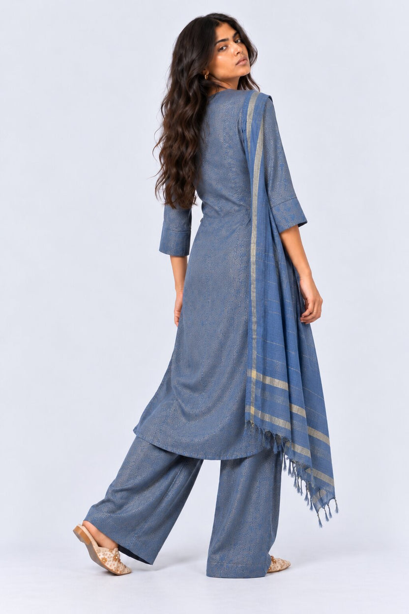 Womens Blue Textured Kurta Palazzo Set - Image 6