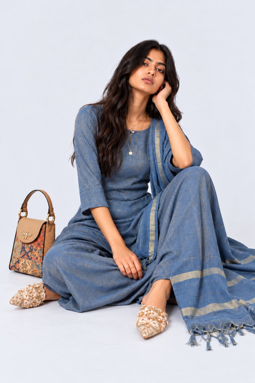 Womens Blue Textured Kurta Palazzo Set - Image 7