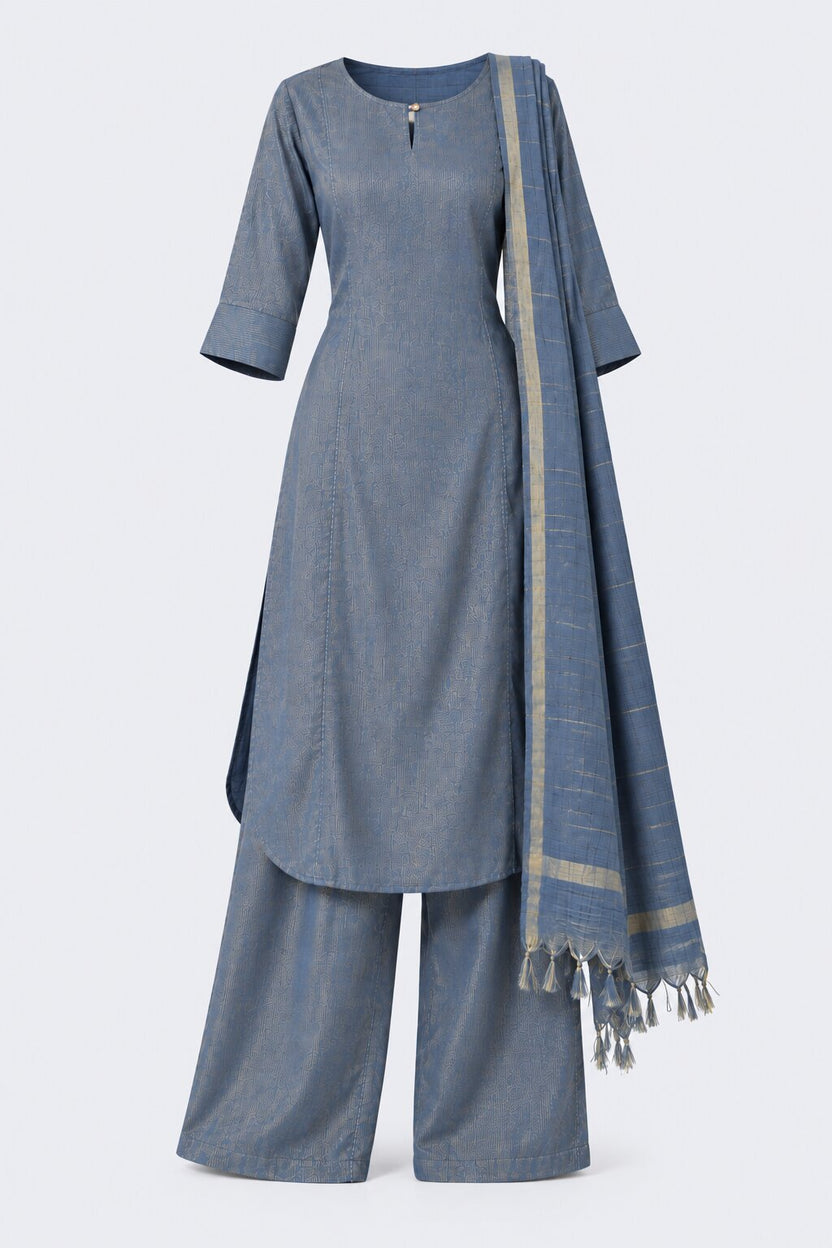Womens Blue Textured Kurta Palazzo Set - Image 8