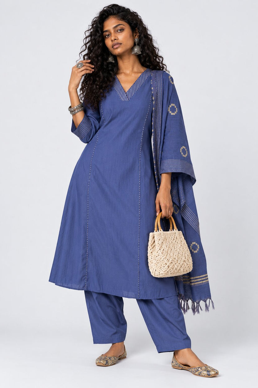 Womens Blue Solid V-Neck Kurta Pant Set - Image 1