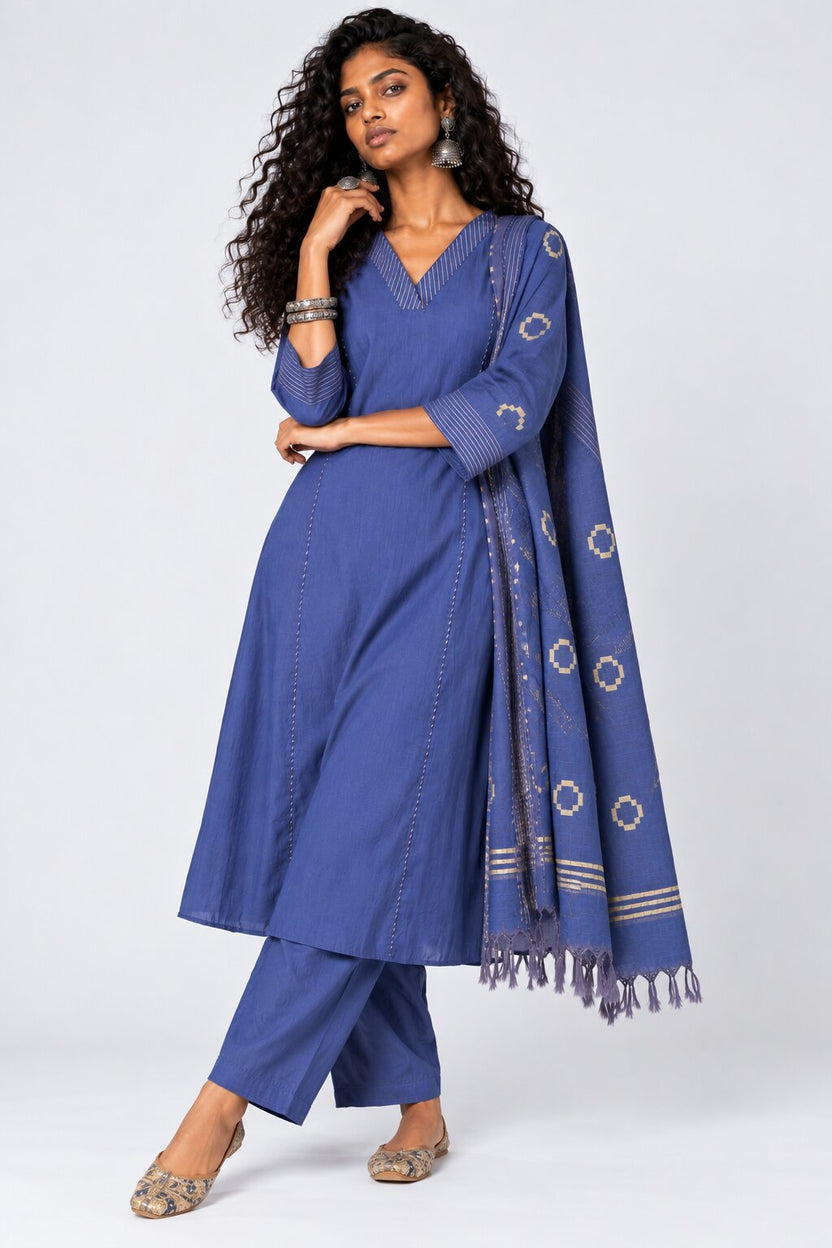 Womens Blue Solid V-Neck Kurta Pant Set - Image 2