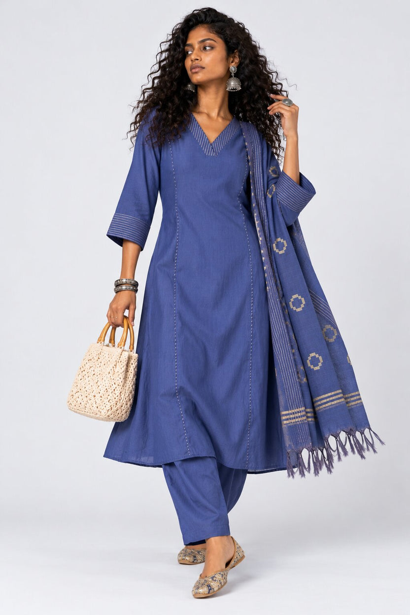 Womens Blue Solid V-Neck Kurta Pant Set - Image 6