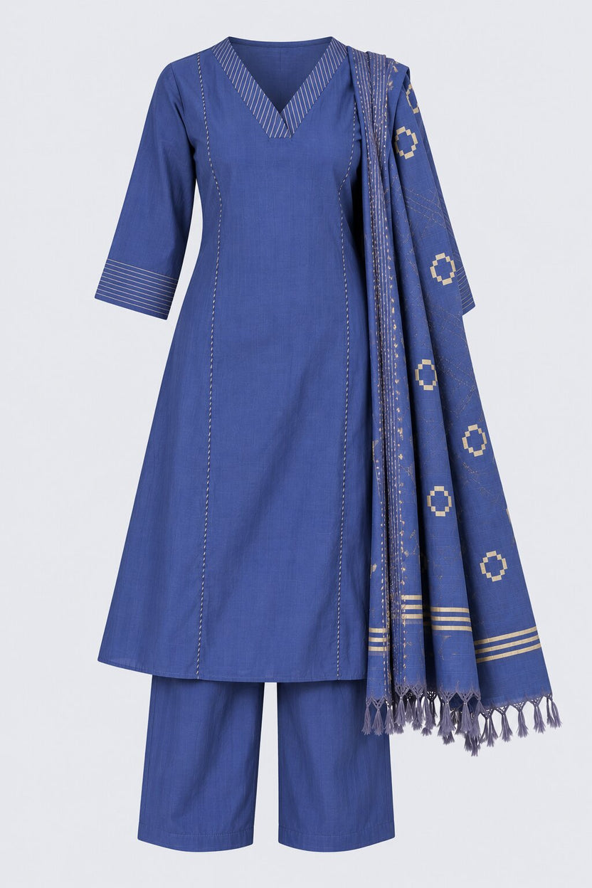 Womens Blue Solid V-Neck Kurta Pant Set - Image 7