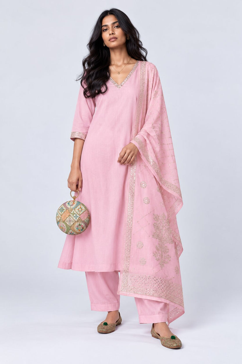 Womens Pink Embellished Flared 3 Pcs Set - Image 1