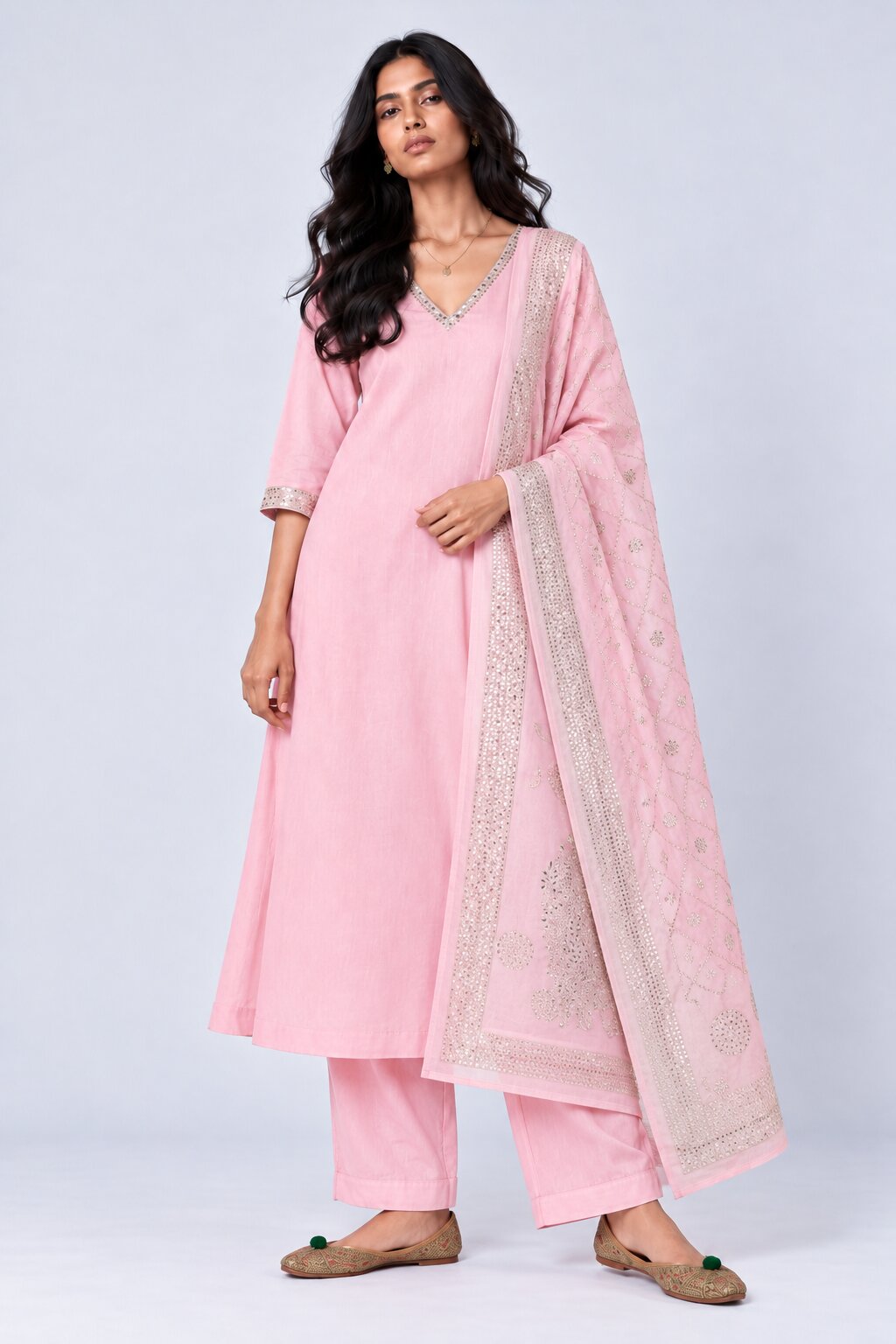 Womens Pink Embellished Flared 3 Pcs Set - Image 2