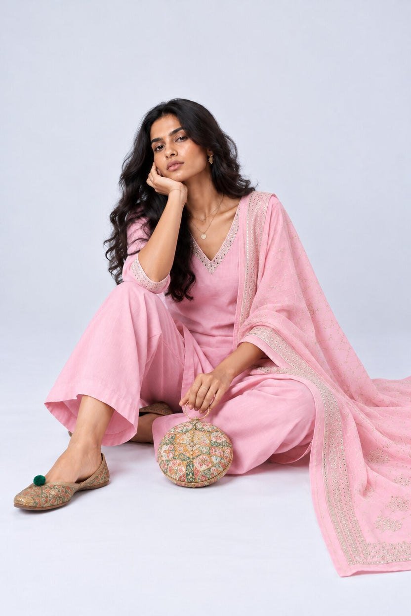 Womens Pink Embellished Flared 3 Pcs Set - Image 7