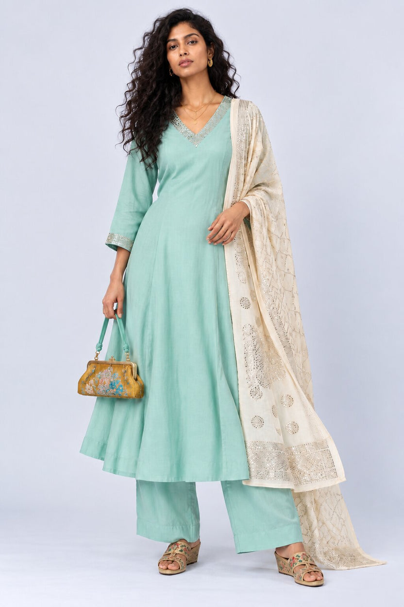 Womens Green Embellished Flared 3 Pcs Set - Image 1
