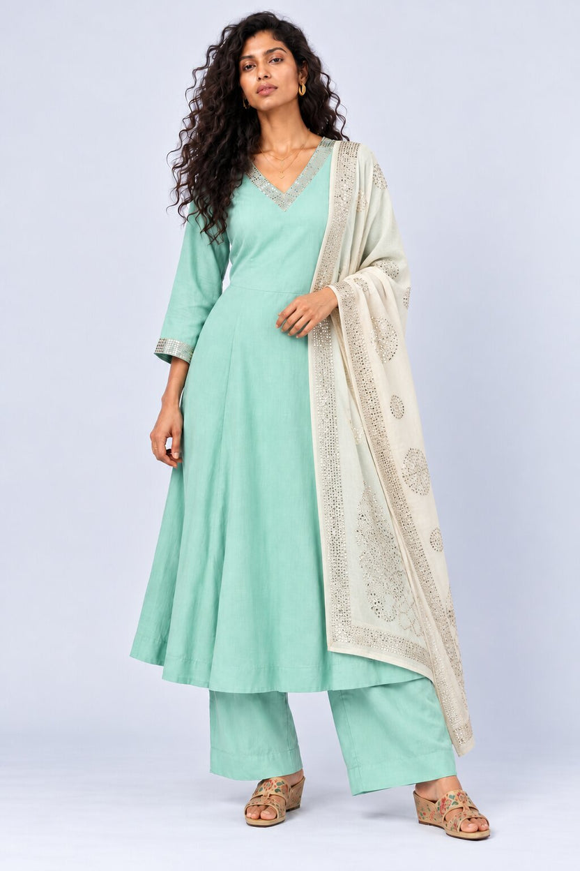 Womens Green Embellished Flared 3 Pcs Set - Image 2