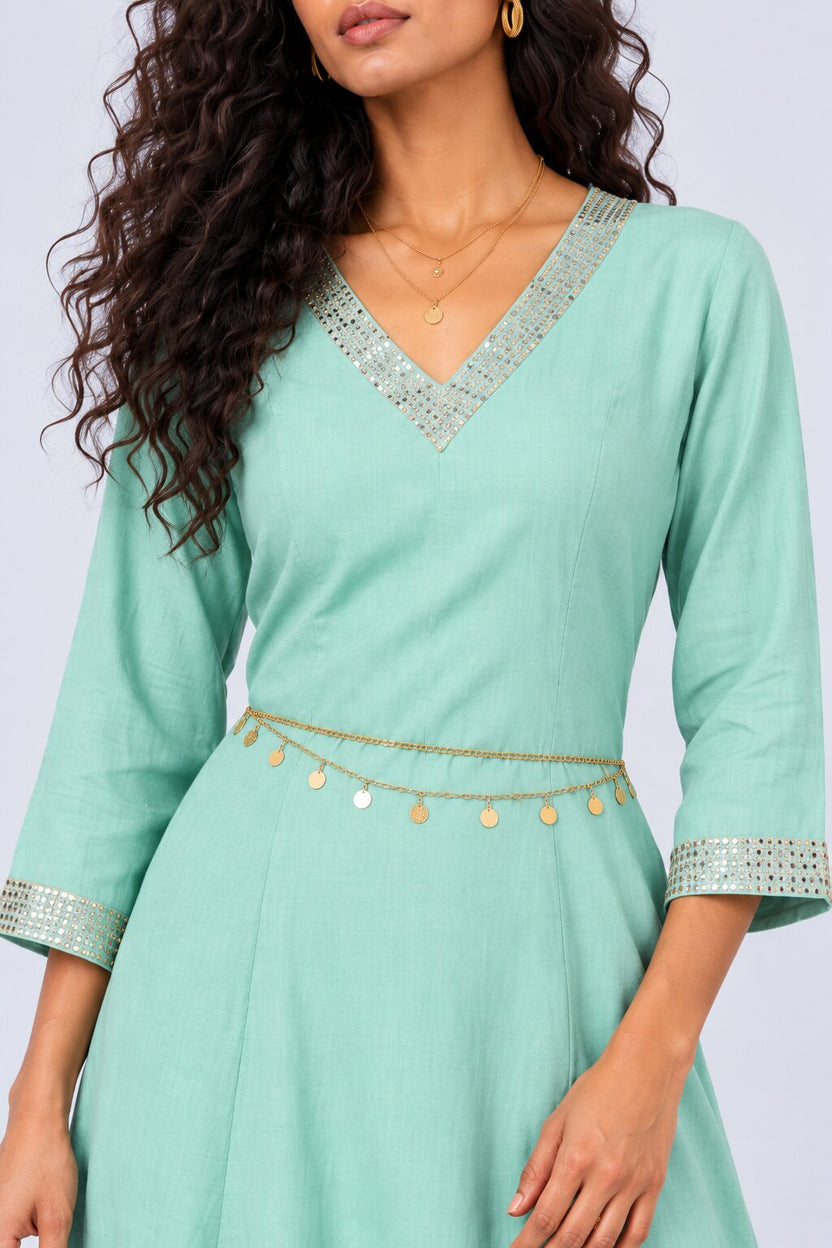 Womens Green Embellished Flared 3 Pcs Set - Image 3