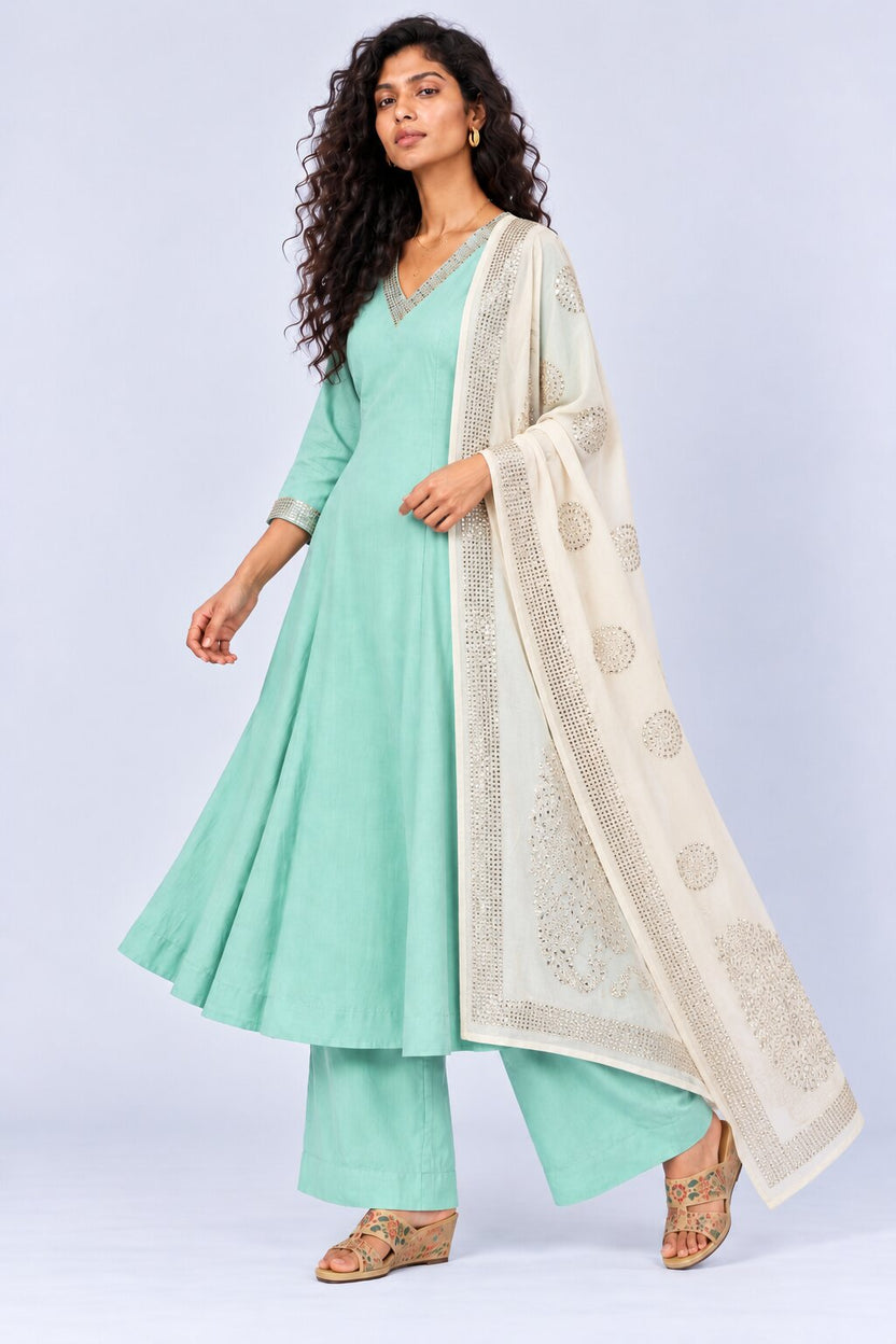Womens Green Embellished Flared 3 Pcs Set - Image 5