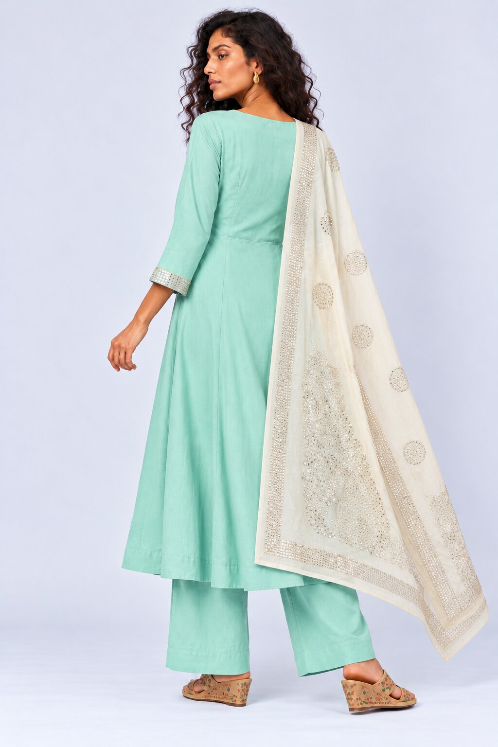Womens Green Embellished Flared 3 Pcs Set - Image 6