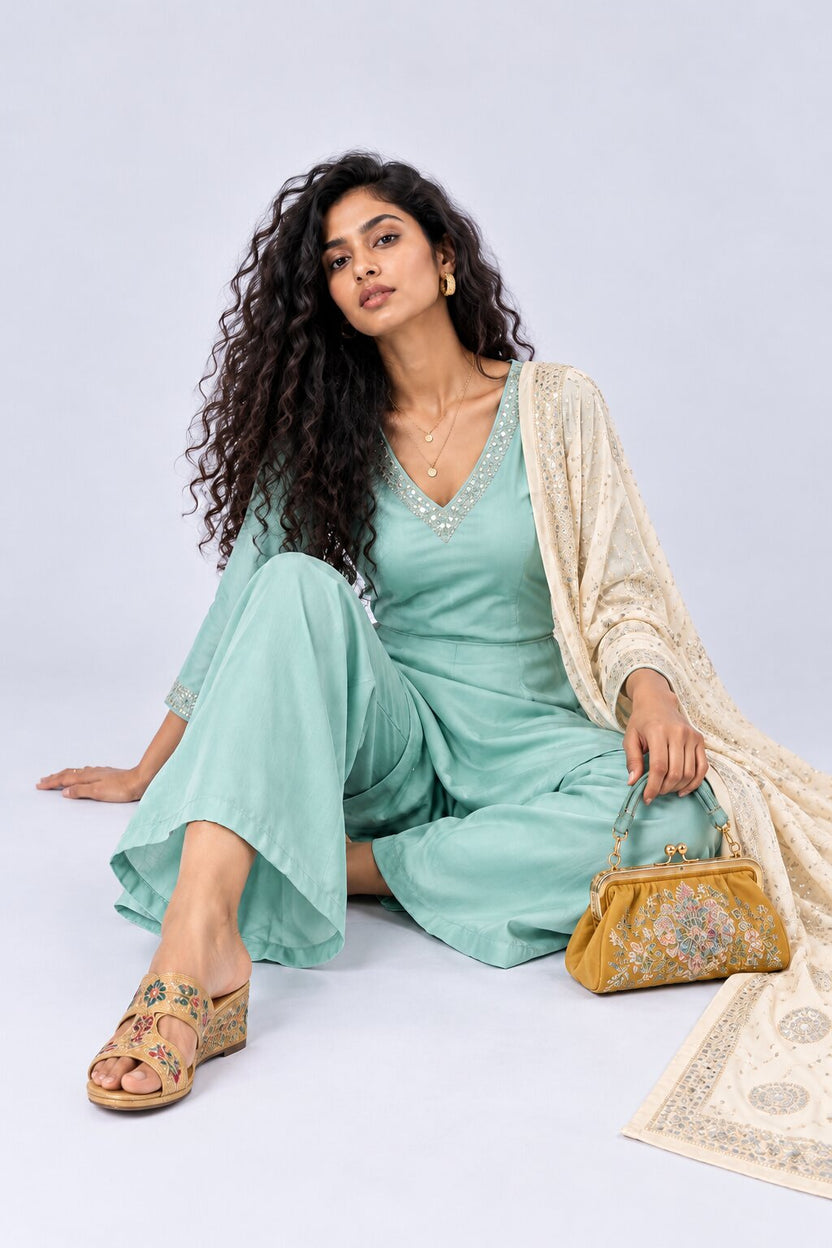 Womens Green Embellished Flared 3 Pcs Set - Image 7