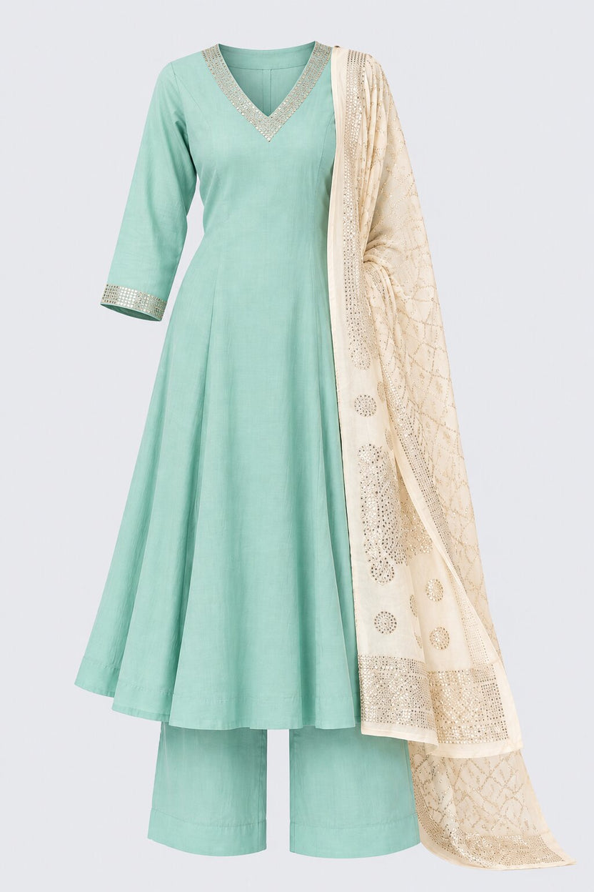 Womens Green Embellished Flared 3 Pcs Set - Image 8