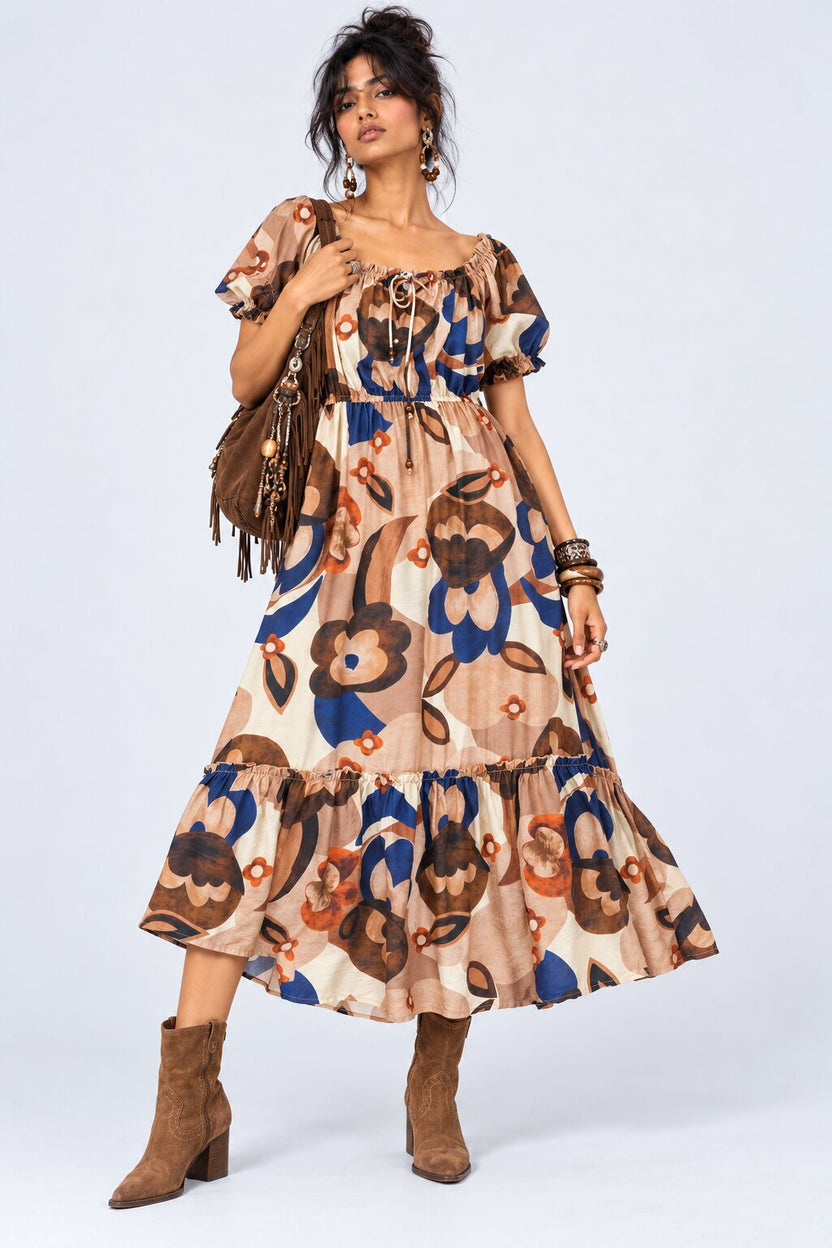 Womens Brown Floral Printed Midi Dress - Image 1