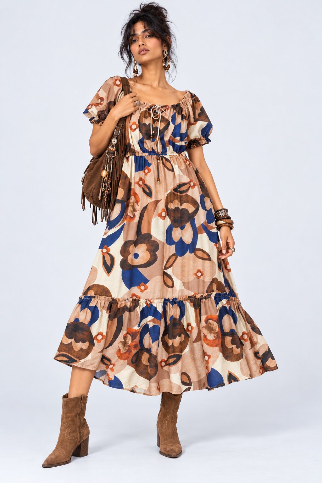 Womens Brown Floral Printed Midi Dress - Image 1