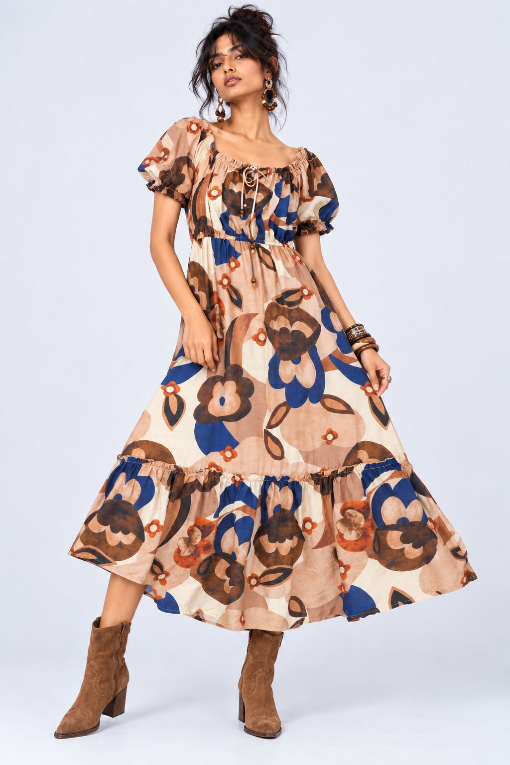 Womens Brown Floral Printed Midi Dress - Image 2