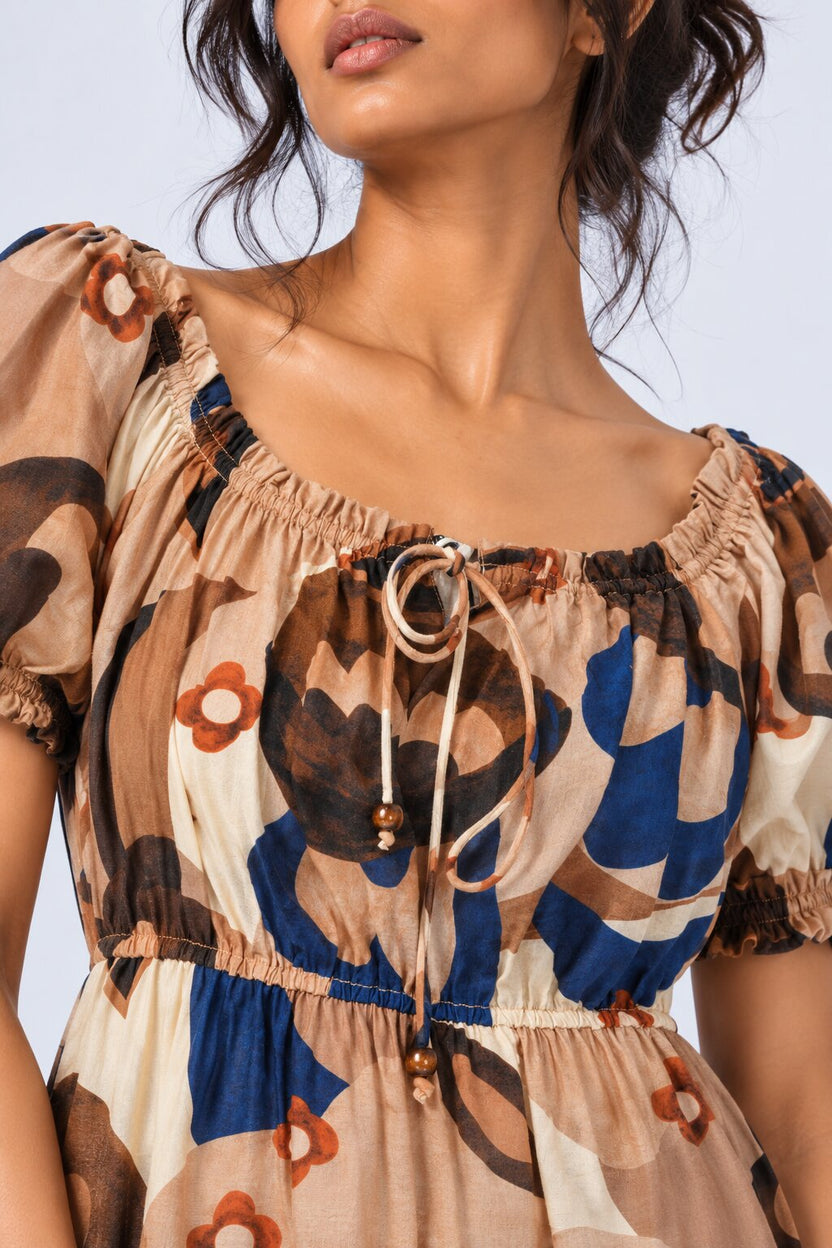 Womens Brown Floral Printed Midi Dress - Image 3