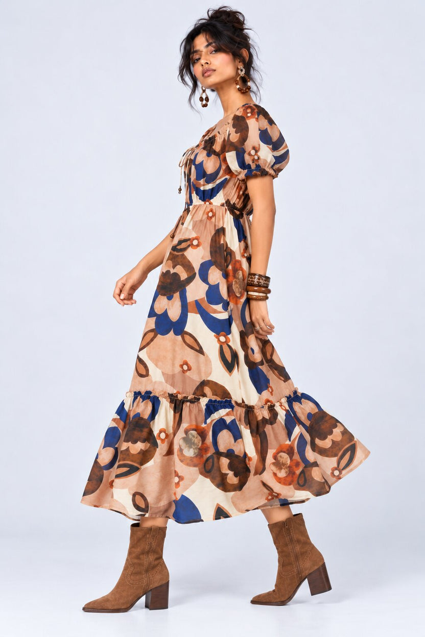 Womens Brown Floral Printed Midi Dress - Image 4