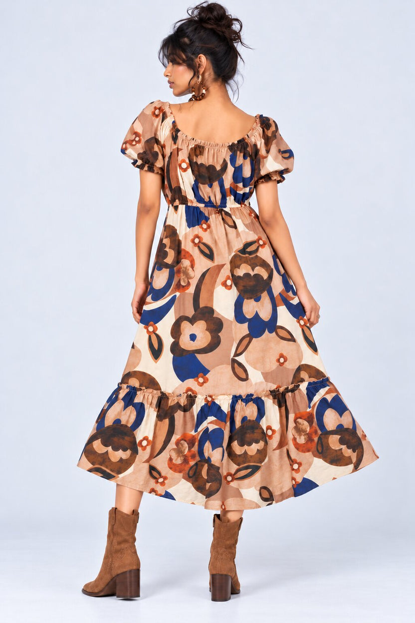 Womens Brown Floral Printed Midi Dress - Image 5