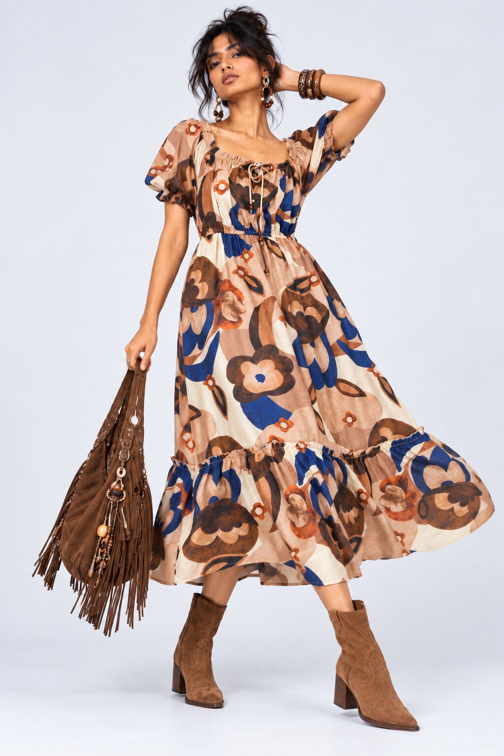 Womens Brown Floral Printed Midi Dress - Image 6