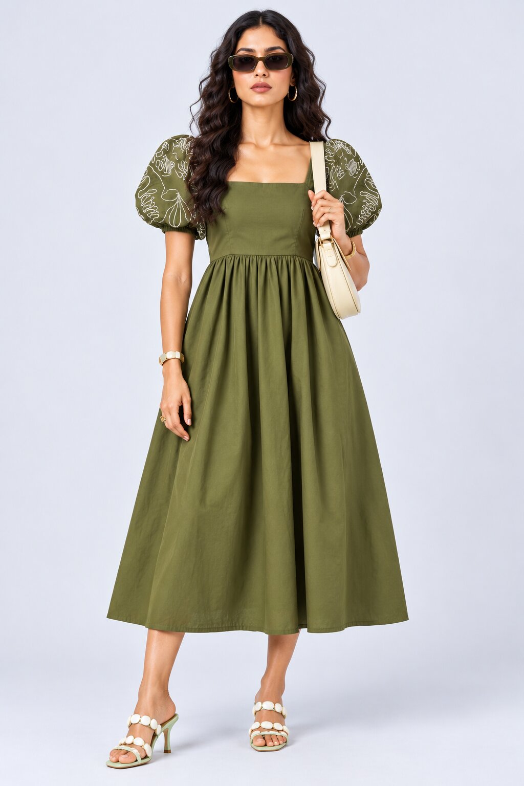 Womens Olive Puff Sleeve Embroidered Midi Dress - Image 1