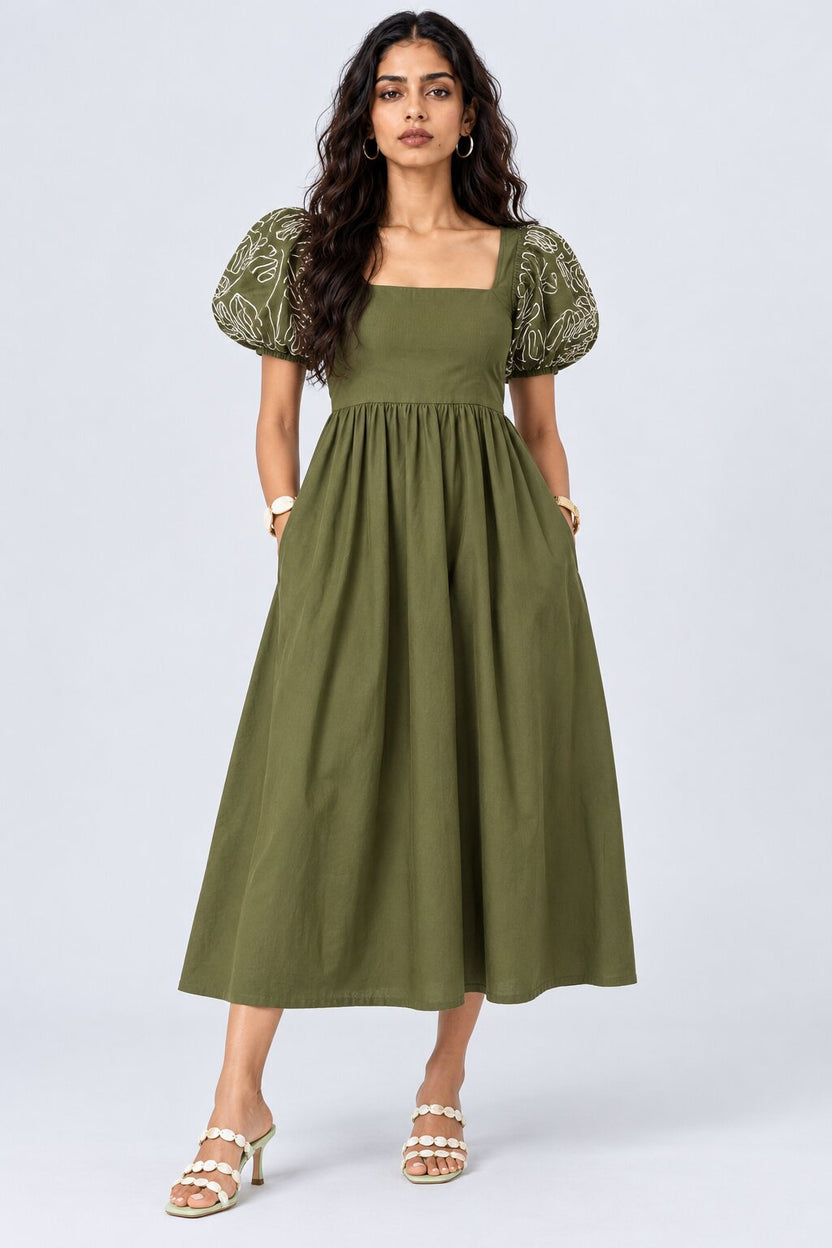 Womens Olive Puff Sleeve Embroidered Midi Dress - Image 2